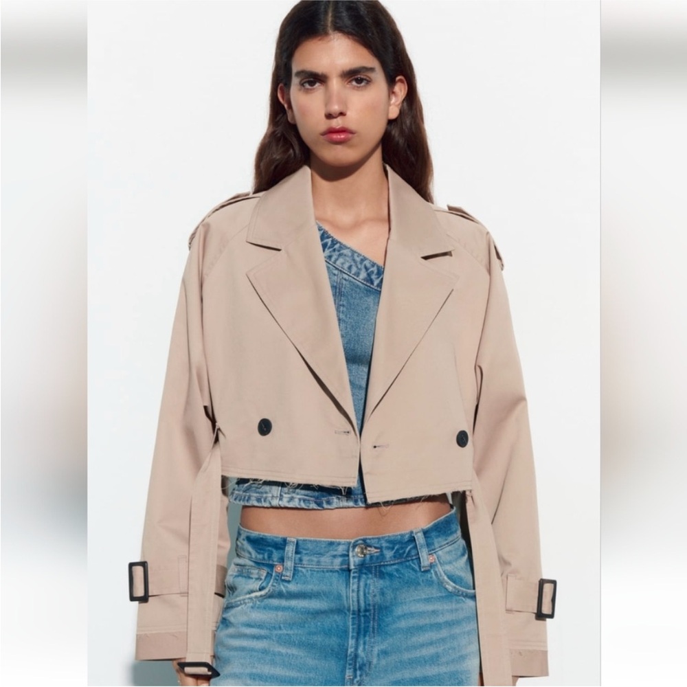 Zara 100% Cotton cropped belted cream trench jacket sz.L